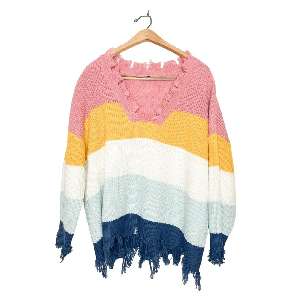 Womens Distressed Colorful Rainbow Stripe Knit Sweater Plus Size XXL‎